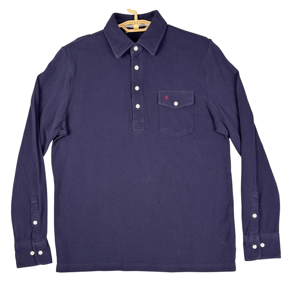 Criquet Mens Long Sleeve Players Shirt Navy Blue Organic Cotton Pique Large